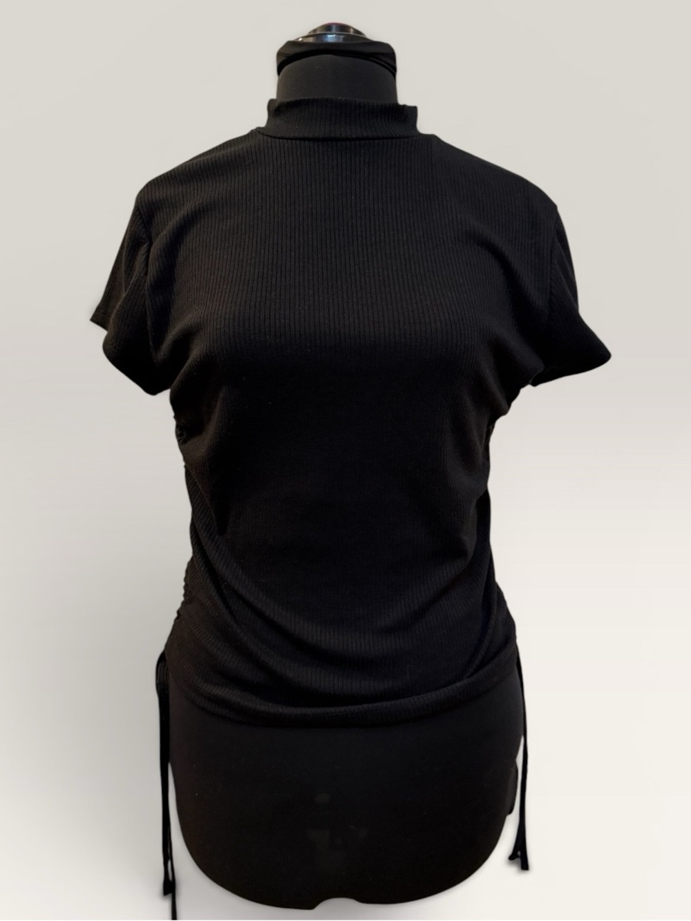Black Short-Sleeve Mock Neck Side-Tie Top